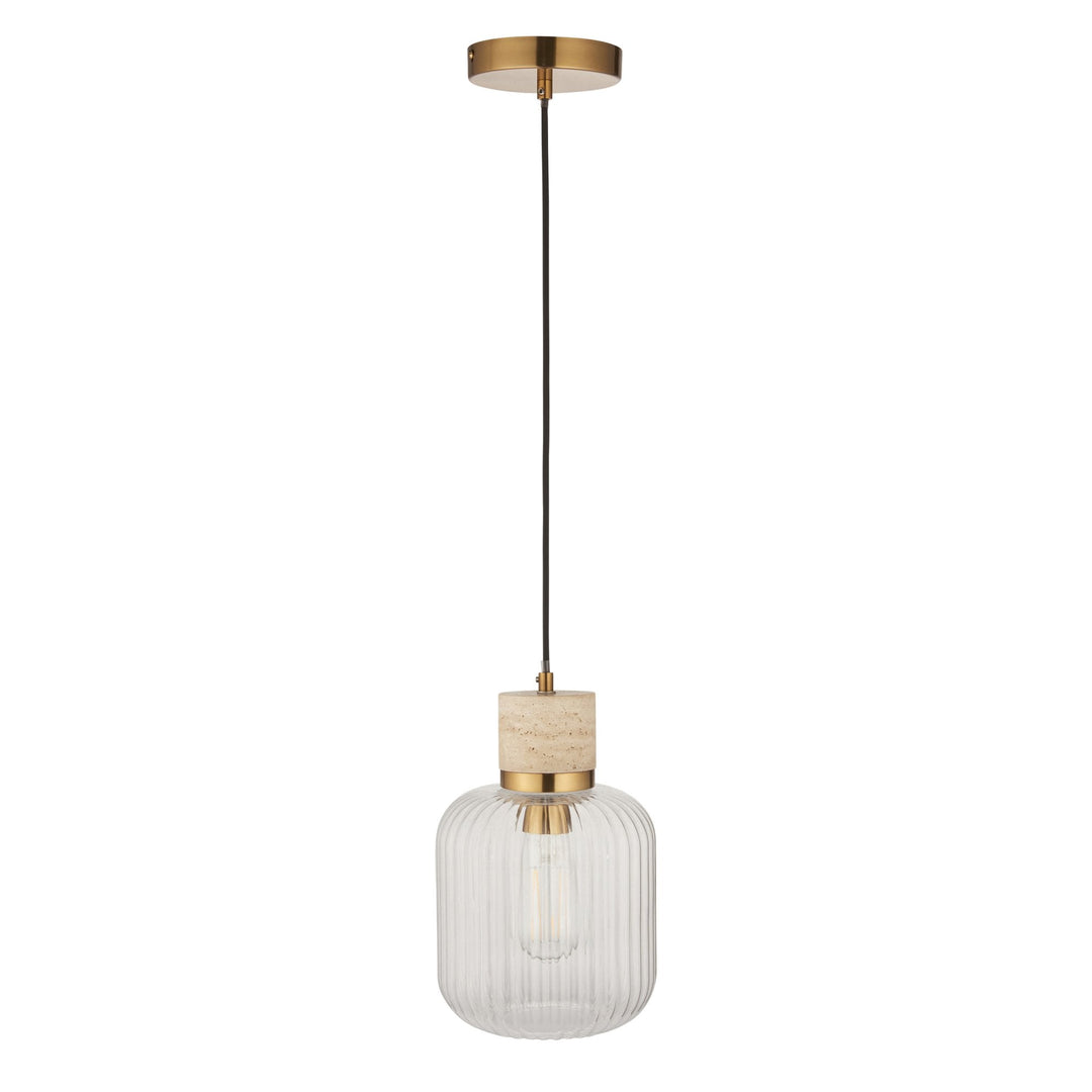 Endon 120664 Travi Ribbed Pendant Natural Travertine, Vintage Brass & Clear Ribbed Glass