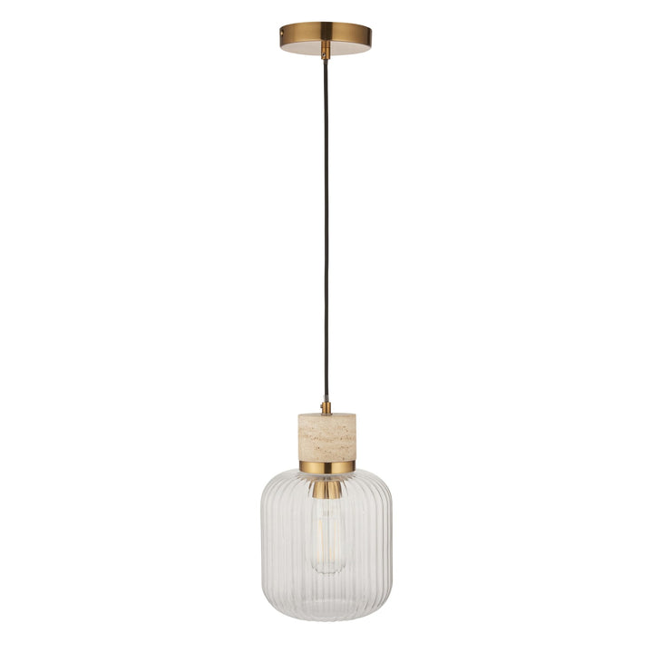 Endon 120664 Travi Ribbed Pendant Natural Travertine, Vintage Brass & Clear Ribbed Glass