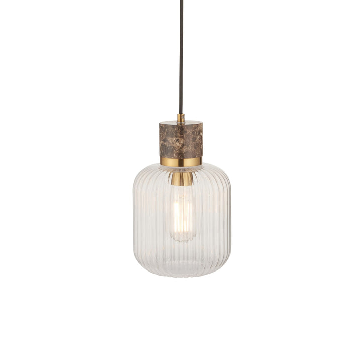 Endon 120665 Travi Ribbed Pendant Dark Brown Emperador Marble, Vintage Brass &amp; Clear Ribbed Glass