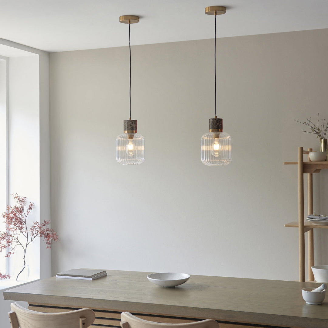 Endon 120665 Travi Ribbed Pendant Dark Brown Emperador Marble, Vintage Brass &amp; Clear Ribbed Glass