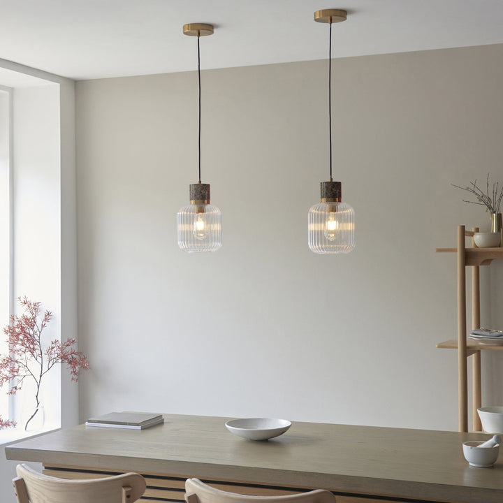 Endon 120665 Travi Ribbed Pendant Dark Brown Emperador Marble, Vintage Brass &amp; Clear Ribbed Glass