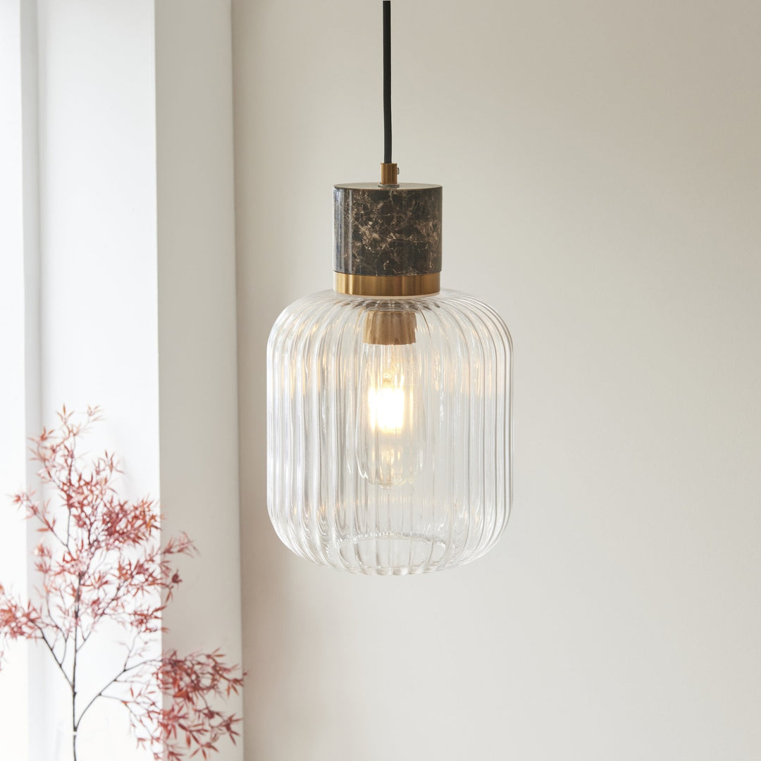 Endon 120665 Travi Ribbed Pendant Dark Brown Emperador Marble, Vintage Brass &amp; Clear Ribbed Glass