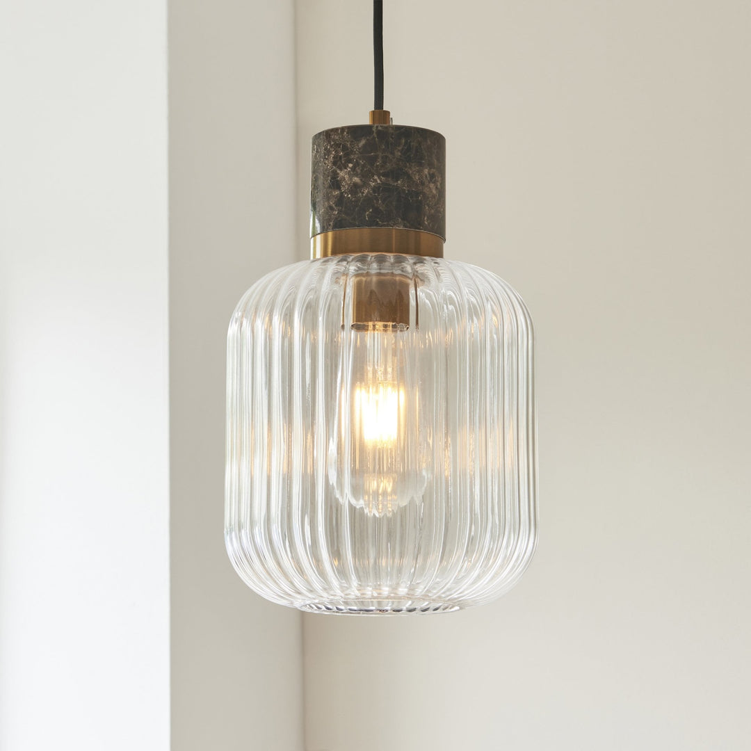 Endon 120665 Travi Ribbed Pendant Dark Brown Emperador Marble, Vintage Brass &amp; Clear Ribbed Glass