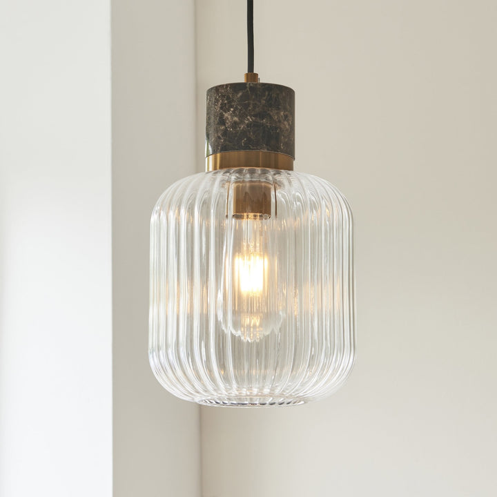 Endon 120665 Travi Ribbed Pendant Dark Brown Emperador Marble, Vintage Brass &amp; Clear Ribbed Glass