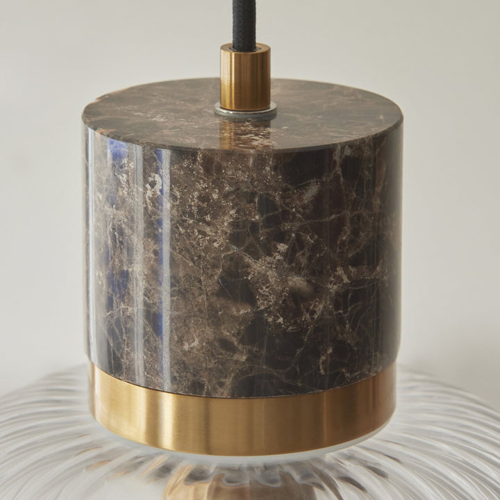 Endon 120665 Travi Ribbed Pendant Dark Brown Emperador Marble, Vintage Brass &amp; Clear Ribbed Glass