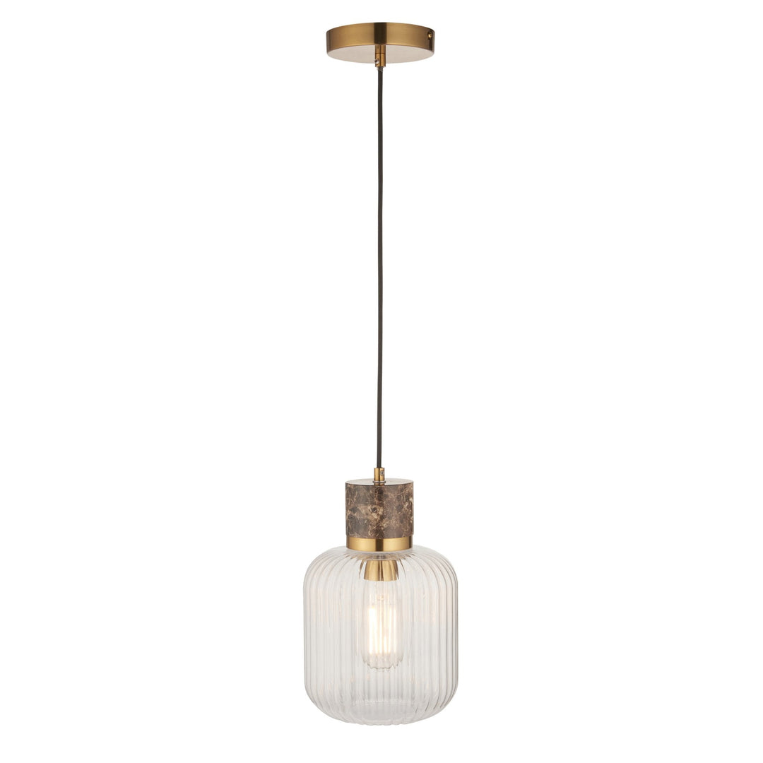Endon 120665 Travi Ribbed Pendant Dark Brown Emperador Marble, Vintage Brass &amp; Clear Ribbed Glass