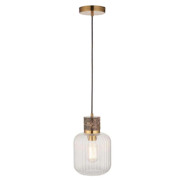 Endon 120665 Travi Ribbed Pendant Dark Brown Emperador Marble, Vintage Brass &amp; Clear Ribbed Glass
