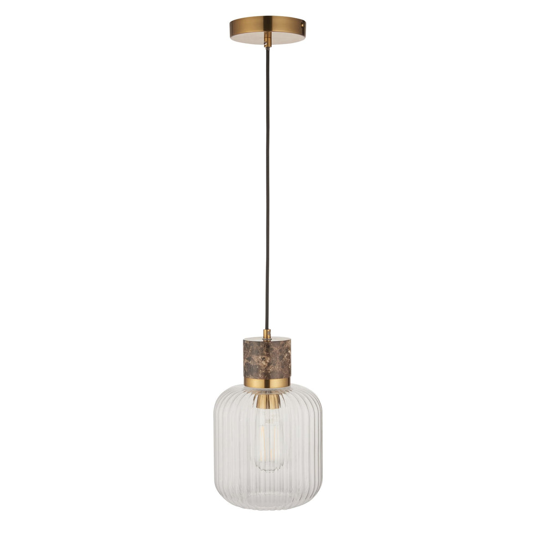 Endon 120665 Travi Ribbed Pendant Dark Brown Emperador Marble, Vintage Brass &amp; Clear Ribbed Glass