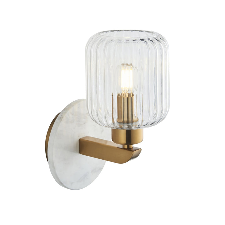 Endon 120666 Travi Ribbed Wall Light White Volakas Marble, Vintage Brass & Clear Ribbed Glass