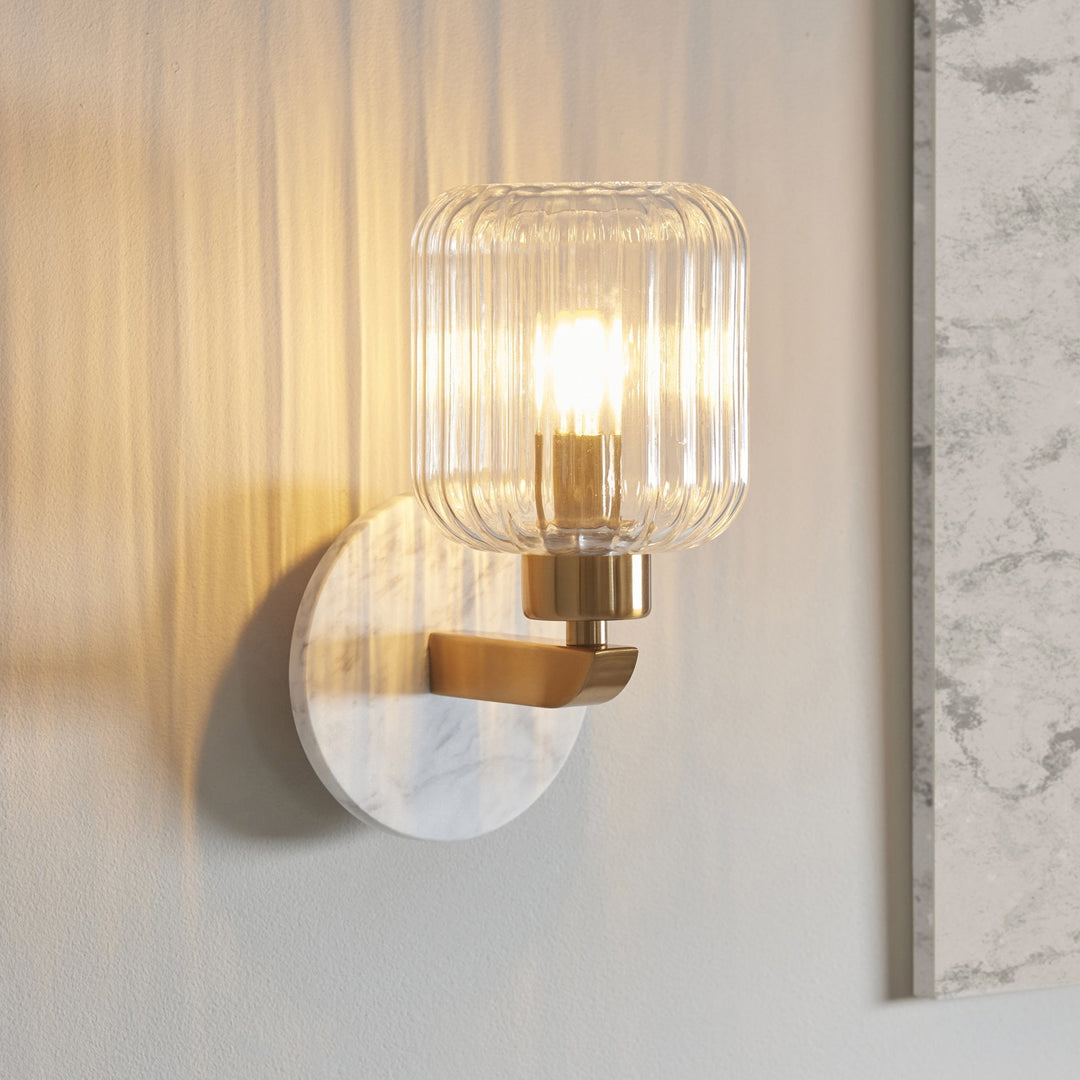 Endon 120666 Travi Ribbed Wall Light White Volakas Marble, Vintage Brass & Clear Ribbed Glass