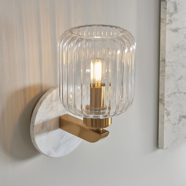 Endon 120666 Travi Ribbed Wall Light White Volakas Marble, Vintage Brass & Clear Ribbed Glass