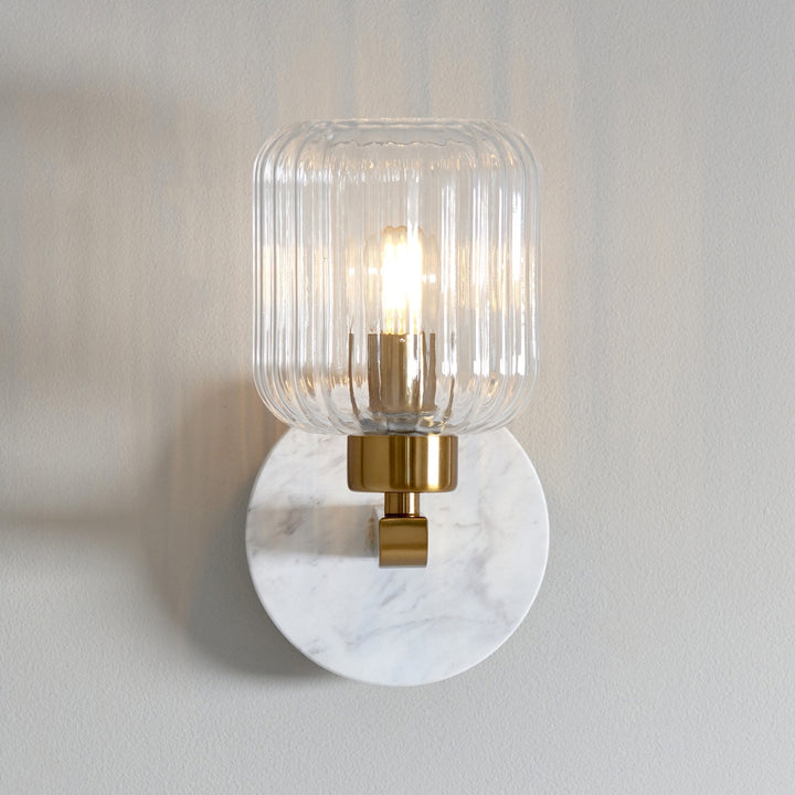 Endon 120666 Travi Ribbed Wall Light White Volakas Marble, Vintage Brass & Clear Ribbed Glass