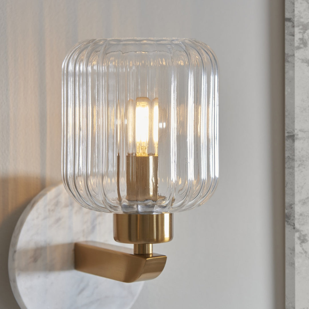 Endon 120666 Travi Ribbed Wall Light White Volakas Marble, Vintage Brass & Clear Ribbed Glass