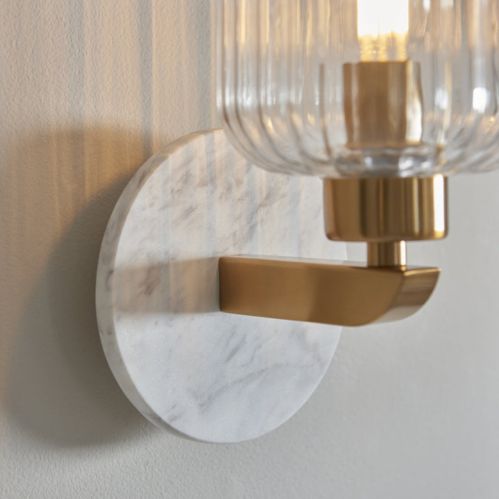 Endon 120666 Travi Ribbed Wall Light White Volakas Marble, Vintage Brass & Clear Ribbed Glass