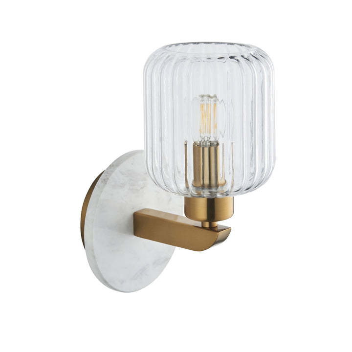 Endon 120666 Travi Ribbed Wall Light White Volakas Marble, Vintage Brass & Clear Ribbed Glass