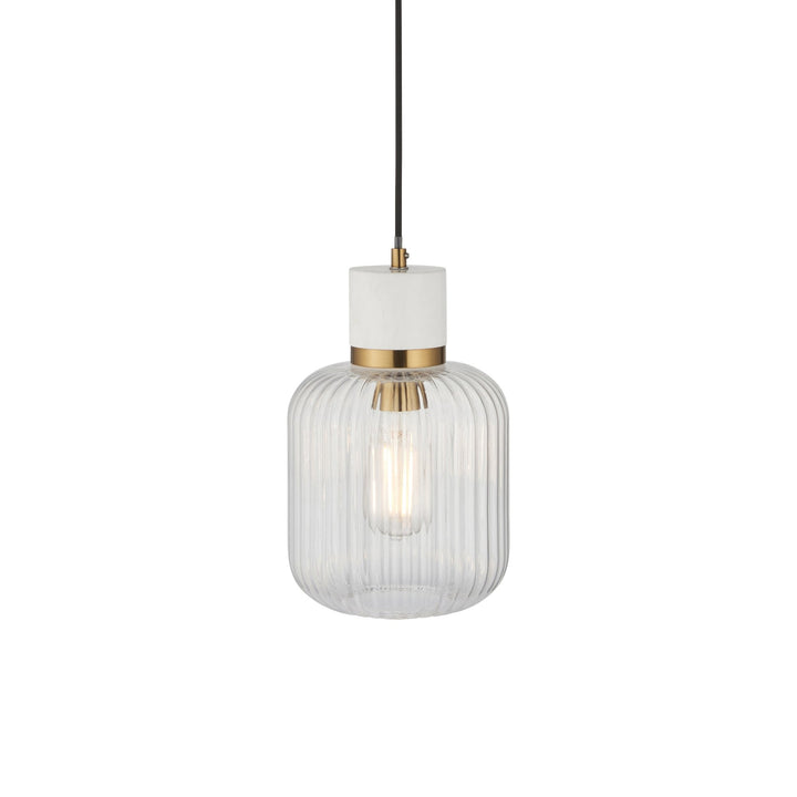 Endon 120667 Travi Ribbed Pendant White Volakas Marble, Vintage Brass & Clear Ribbed Glass