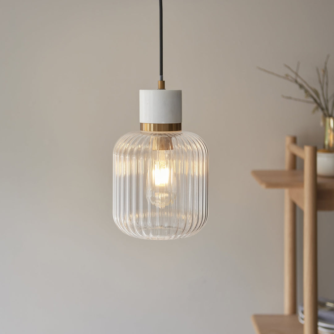 Endon 120667 Travi Ribbed Pendant White Volakas Marble, Vintage Brass & Clear Ribbed Glass
