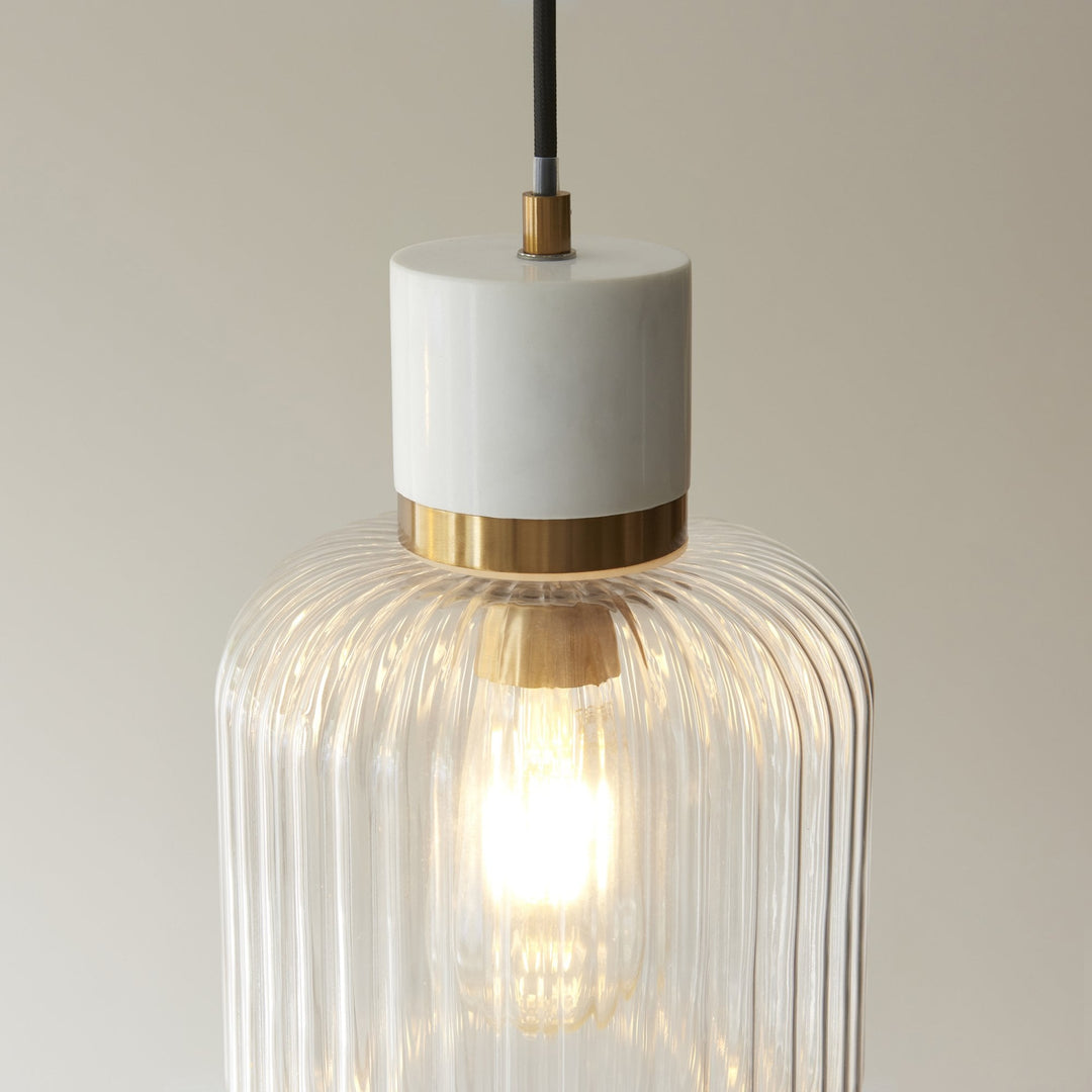 Endon 120667 Travi Ribbed Pendant White Volakas Marble, Vintage Brass & Clear Ribbed Glass