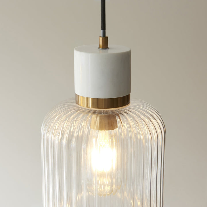Endon 120667 Travi Ribbed Pendant White Volakas Marble, Vintage Brass & Clear Ribbed Glass