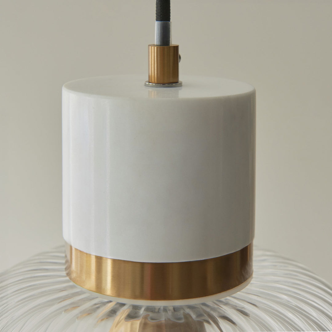 Endon 120667 Travi Ribbed Pendant White Volakas Marble, Vintage Brass & Clear Ribbed Glass