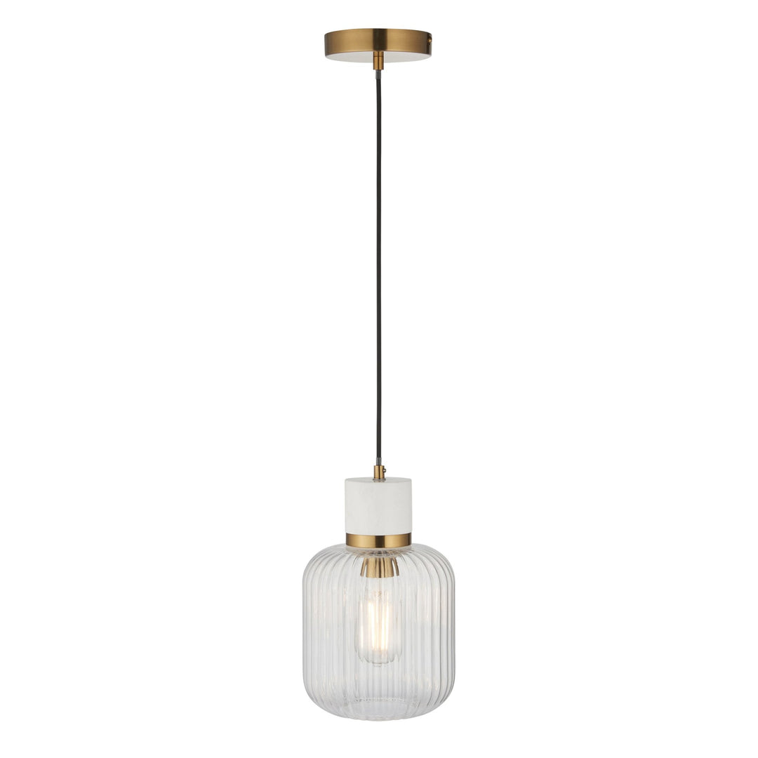 Endon 120667 Travi Ribbed Pendant White Volakas Marble, Vintage Brass & Clear Ribbed Glass