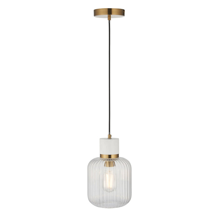 Endon 120667 Travi Ribbed Pendant White Volakas Marble, Vintage Brass & Clear Ribbed Glass