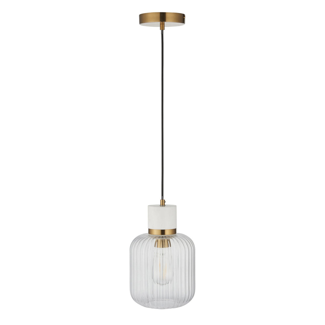 Endon 120667 Travi Ribbed Pendant White Volakas Marble, Vintage Brass & Clear Ribbed Glass