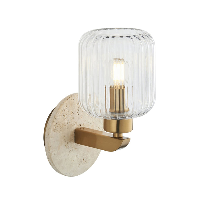 Endon 120668 Travi Ribbed Wall Light Beige Textured Marble, Vintage Brass & Clear Ribbed Glass