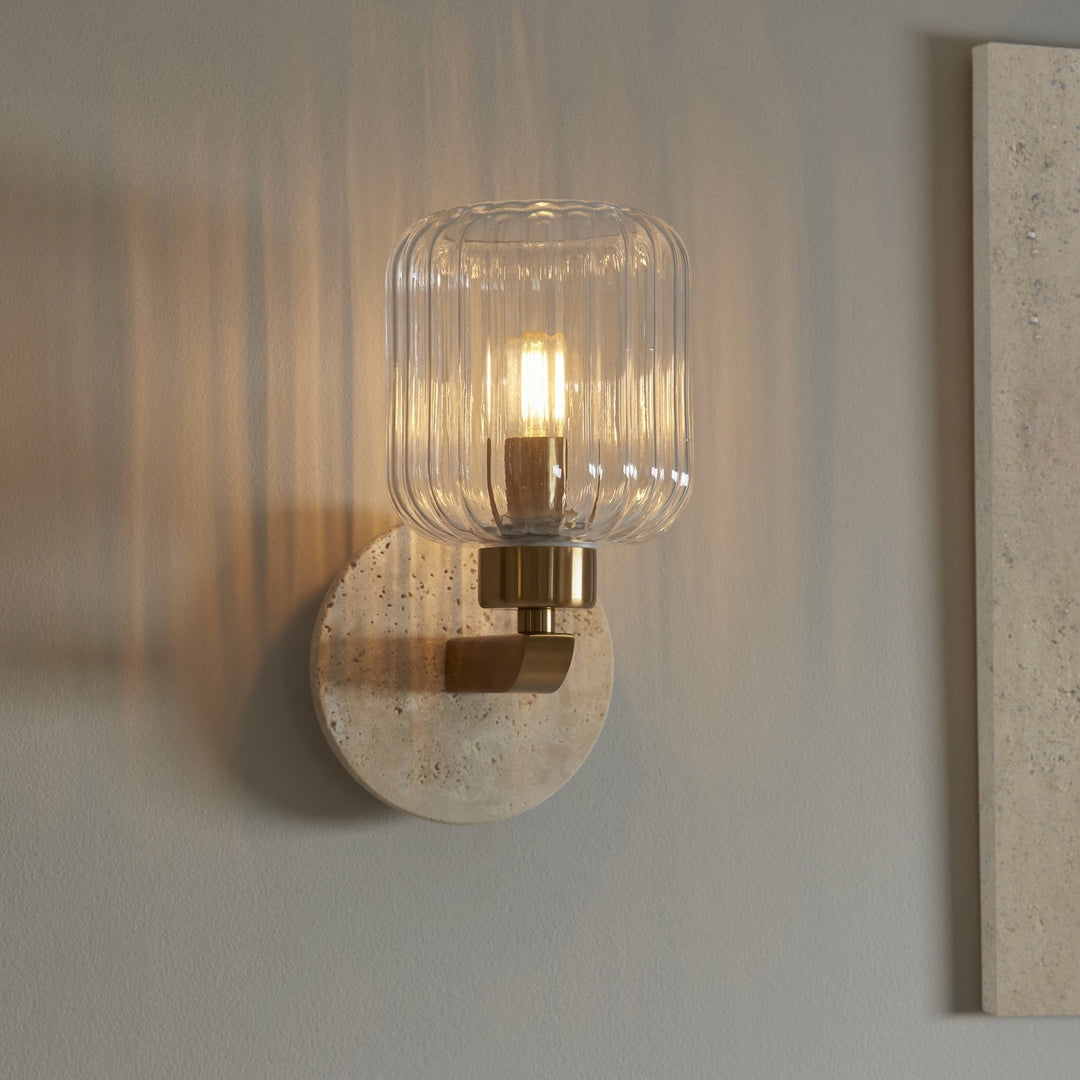 Endon 120668 Travi Ribbed Wall Light Beige Textured Marble, Vintage Brass & Clear Ribbed Glass