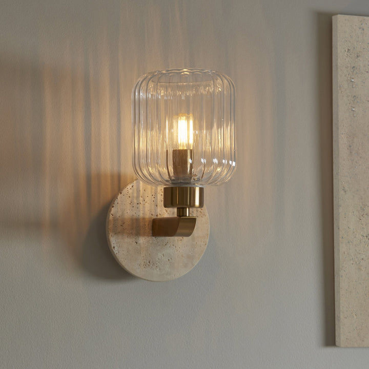 Endon 120668 Travi Ribbed Wall Light Beige Textured Marble, Vintage Brass & Clear Ribbed Glass