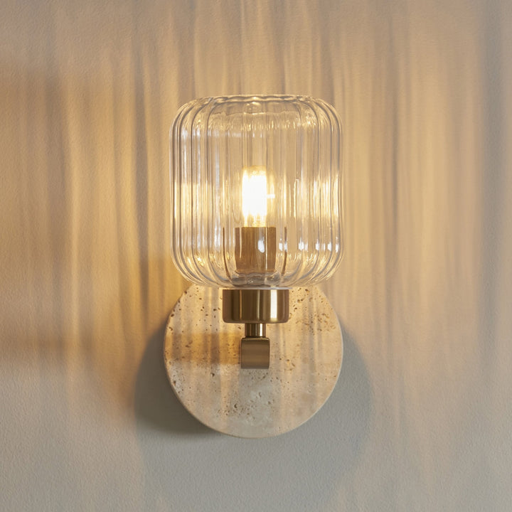 Endon 120668 Travi Ribbed Wall Light Beige Textured Marble, Vintage Brass & Clear Ribbed Glass