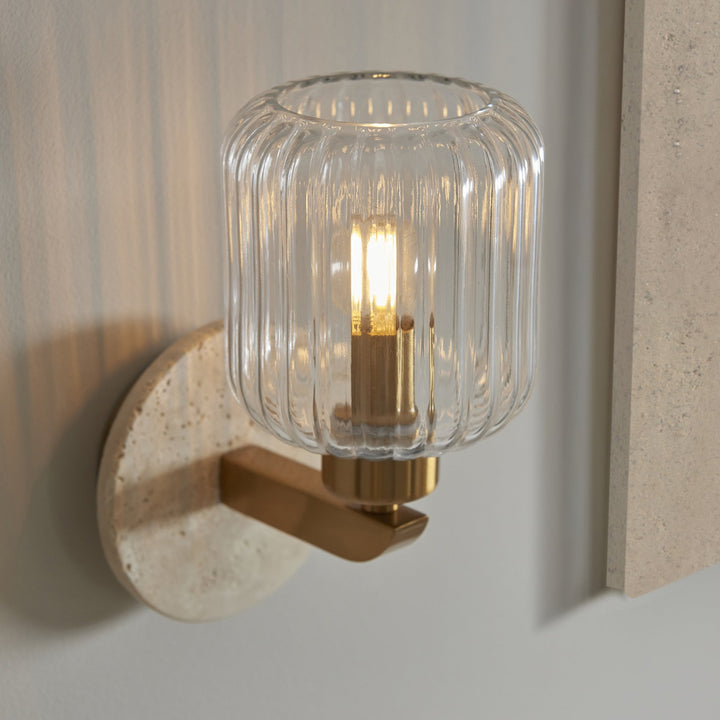 Endon 120668 Travi Ribbed Wall Light Beige Textured Marble, Vintage Brass & Clear Ribbed Glass