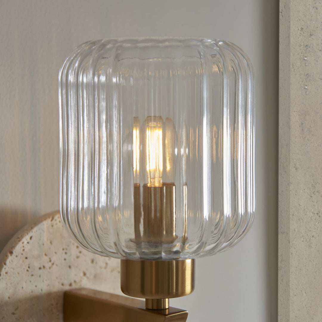 Endon 120668 Travi Ribbed Wall Light Beige Textured Marble, Vintage Brass & Clear Ribbed Glass