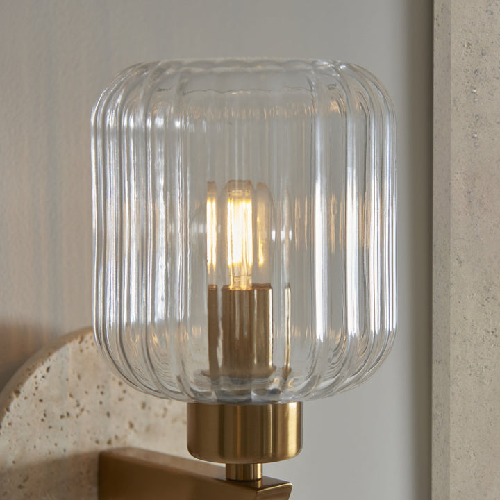 Endon 120668 Travi Ribbed Wall Light Beige Textured Marble, Vintage Brass & Clear Ribbed Glass