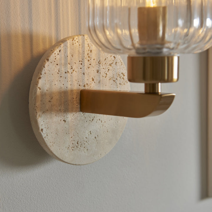 Endon 120668 Travi Ribbed Wall Light Beige Textured Marble, Vintage Brass & Clear Ribbed Glass
