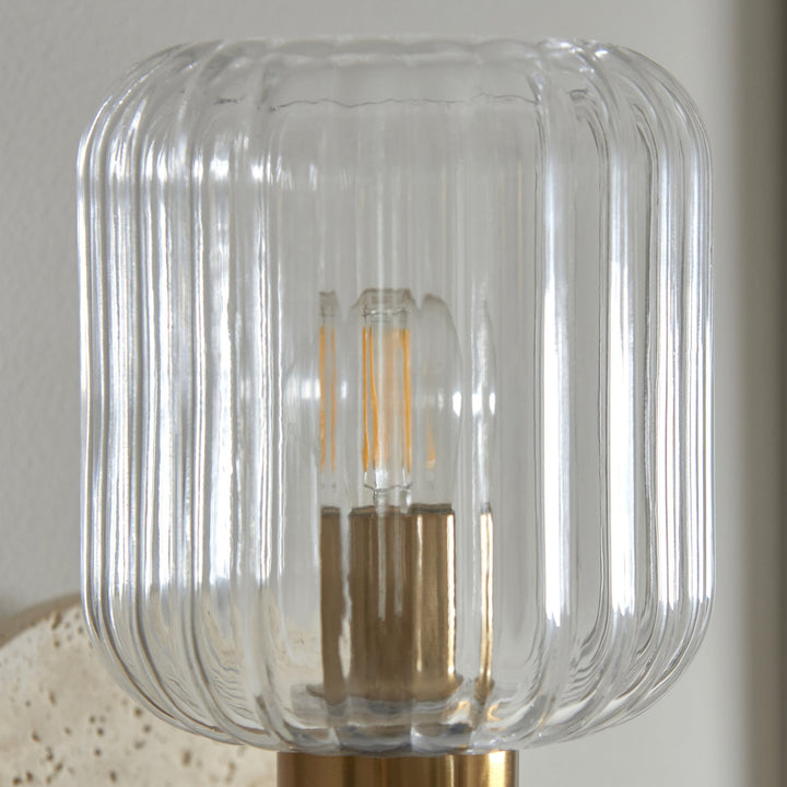 Endon 120668 Travi Ribbed Wall Light Beige Textured Marble, Vintage Brass & Clear Ribbed Glass