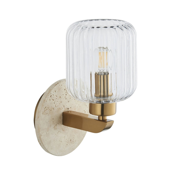 Endon 120668 Travi Ribbed Wall Light Beige Textured Marble, Vintage Brass & Clear Ribbed Glass