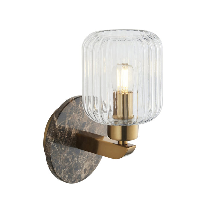 Endon 120669 Travi Ribbed Wall Light Dark Brown Emperador Marble, Vintage Brass &amp; Clear Ribbed Glass