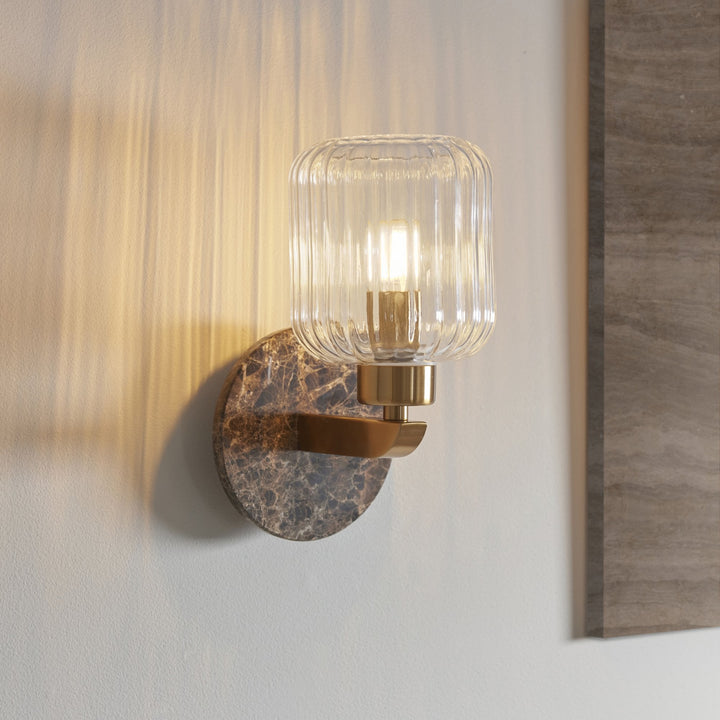 Endon 120669 Travi Ribbed Wall Light Dark Brown Emperador Marble, Vintage Brass &amp; Clear Ribbed Glass