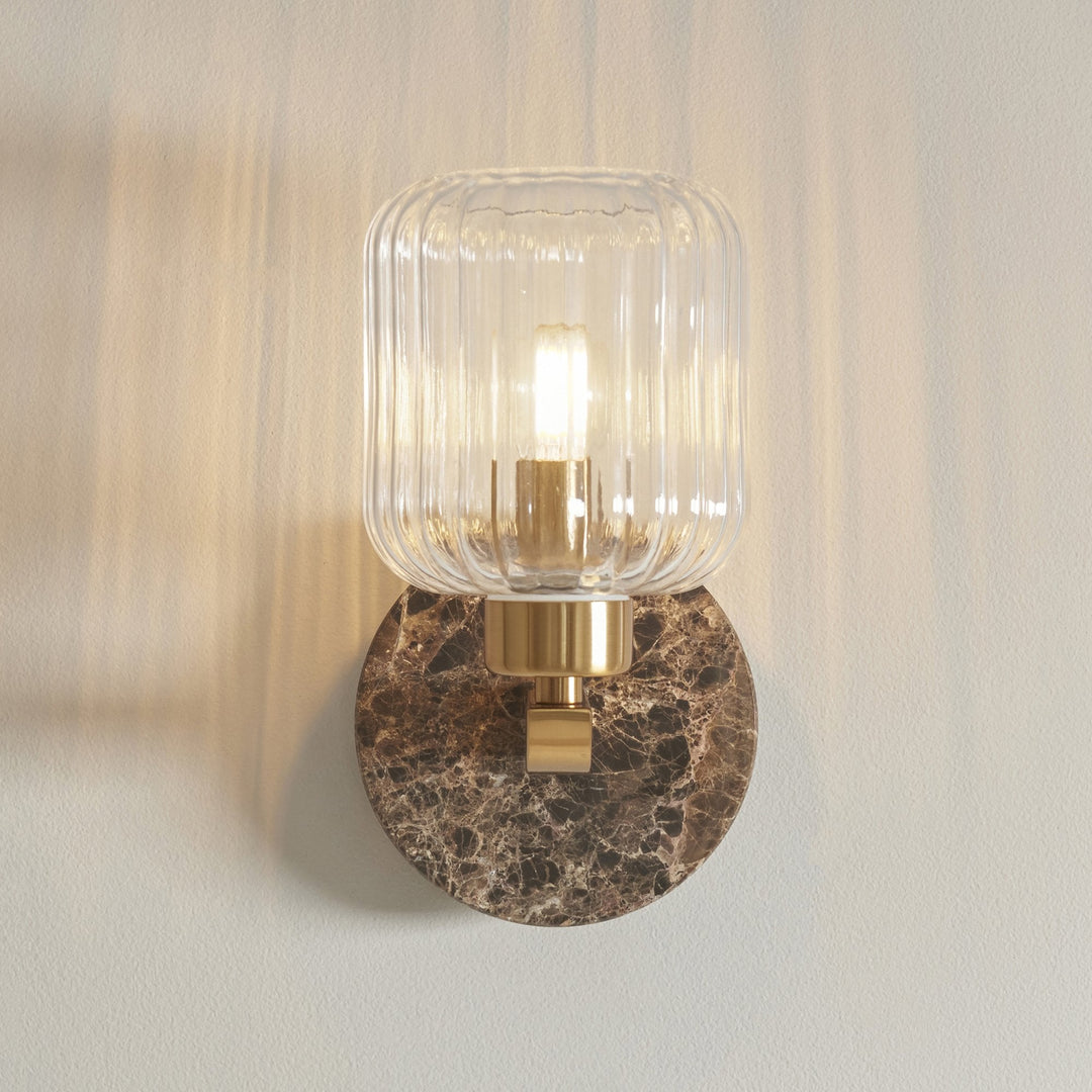 Endon 120669 Travi Ribbed Wall Light Dark Brown Emperador Marble, Vintage Brass &amp; Clear Ribbed Glass