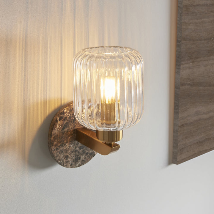 Endon 120669 Travi Ribbed Wall Light Dark Brown Emperador Marble, Vintage Brass &amp; Clear Ribbed Glass