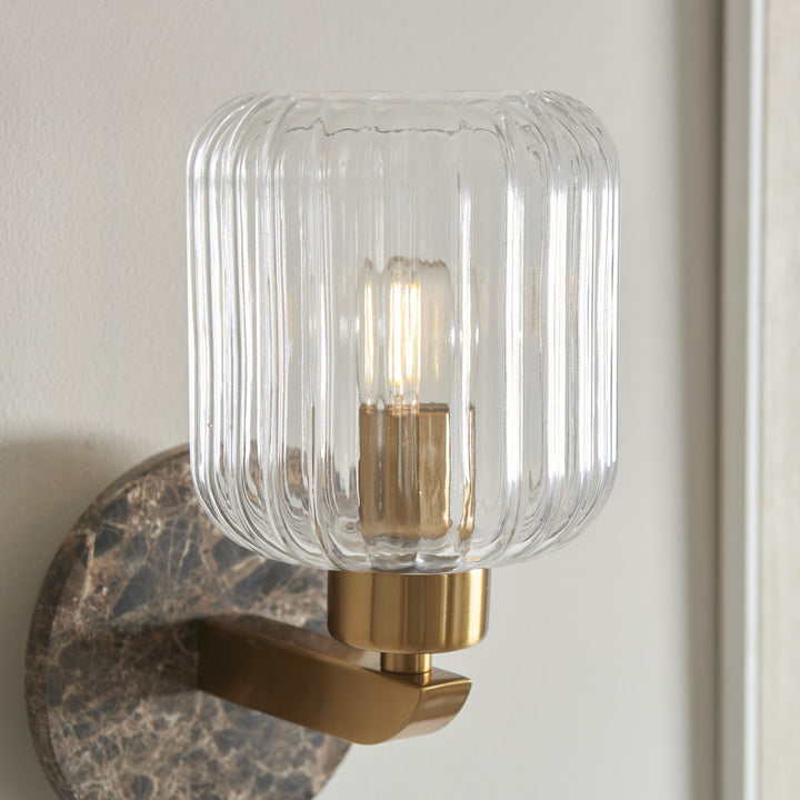 Endon 120669 Travi Ribbed Wall Light Dark Brown Emperador Marble, Vintage Brass &amp; Clear Ribbed Glass