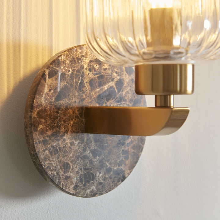 Endon 120669 Travi Ribbed Wall Light Dark Brown Emperador Marble, Vintage Brass &amp; Clear Ribbed Glass