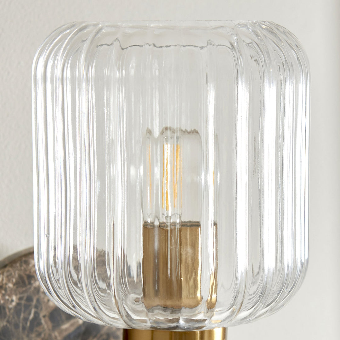 Endon 120669 Travi Ribbed Wall Light Dark Brown Emperador Marble, Vintage Brass &amp; Clear Ribbed Glass