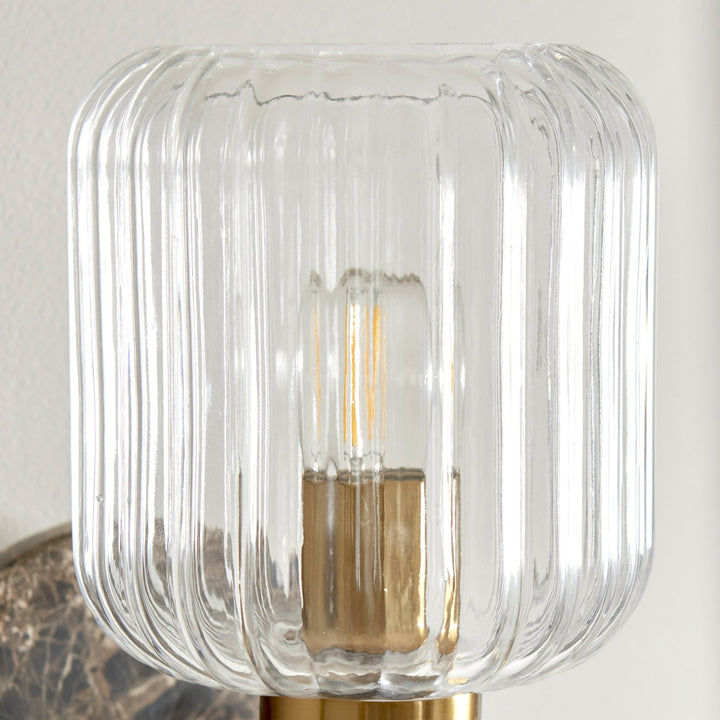 Endon 120669 Travi Ribbed Wall Light Dark Brown Emperador Marble, Vintage Brass &amp; Clear Ribbed Glass