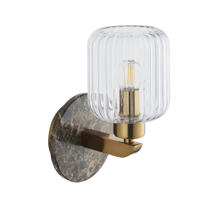Endon 120669 Travi Ribbed Wall Light Dark Brown Emperador Marble, Vintage Brass &amp; Clear Ribbed Glass
