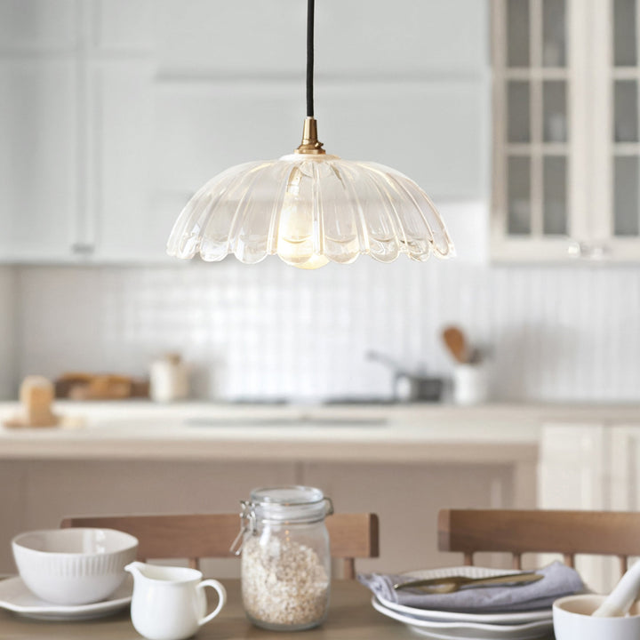 Endon 120750 Eltham & Carnation Pendant Clear Glass & Brushed Aged Brass With Black Braided Cable