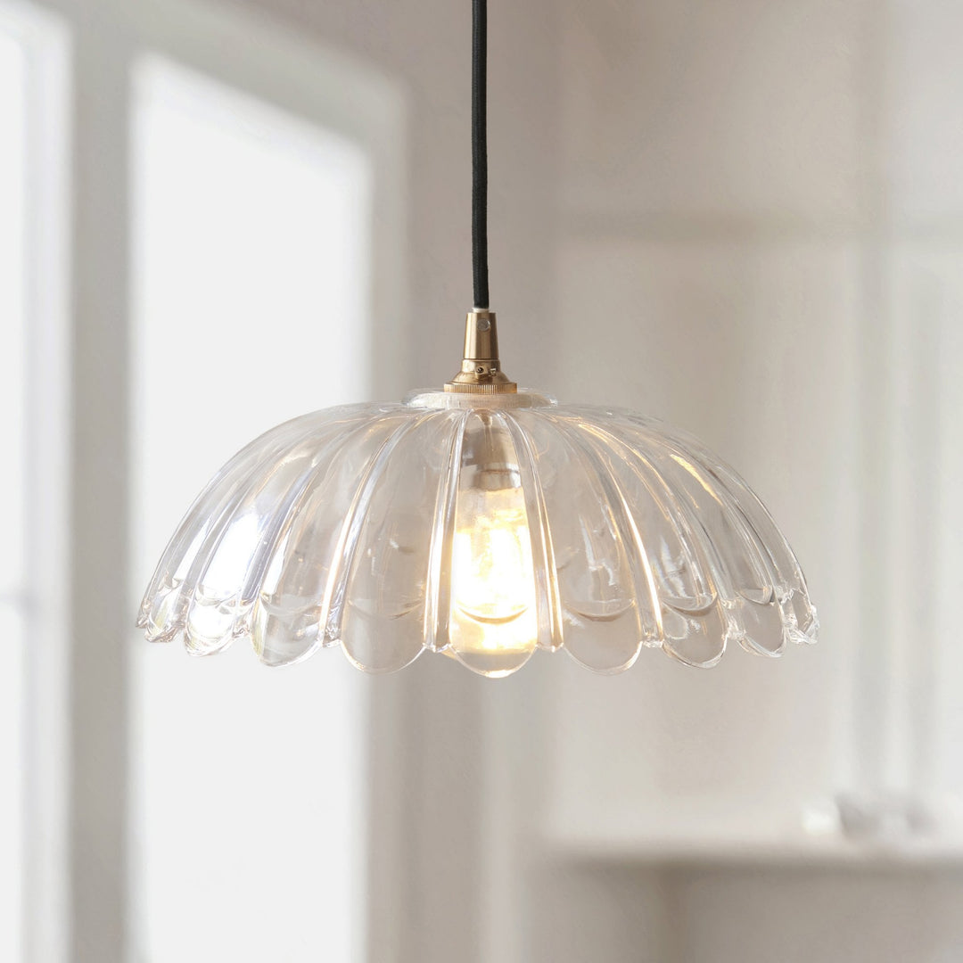 Endon 120750 Eltham & Carnation Pendant Clear Glass & Brushed Aged Brass With Black Braided Cable