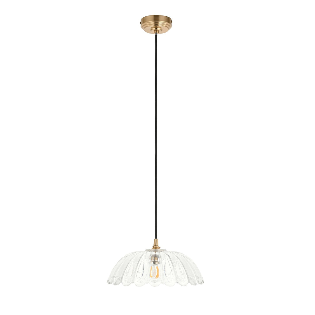 Endon 120750 Eltham & Carnation Pendant Clear Glass & Brushed Aged Brass With Black Braided Cable
