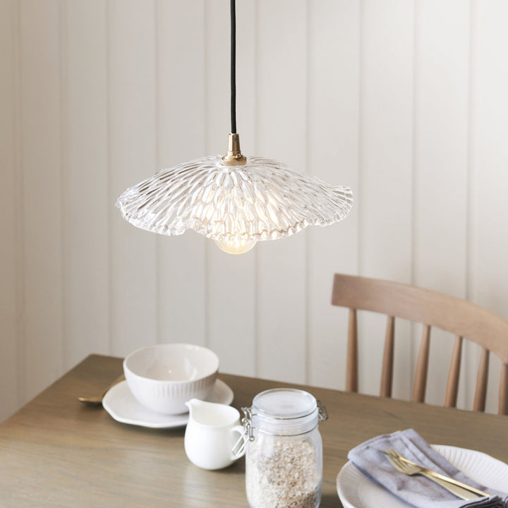 Endon 120751 Eltham & Orchid Pendant Clear Glass & Brushed Aged Brass With Black Braided Cable
